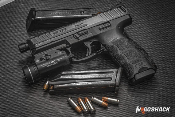 A Heckler and Koch VP9 9mm Pistol With 9mm hollow-point ammunition. And magazines available at The Mag Shack!