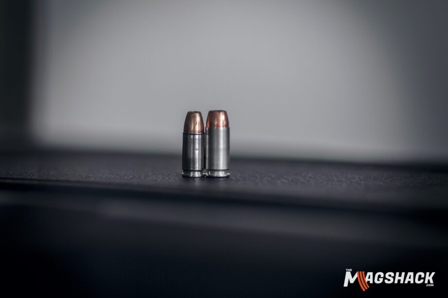 9mm hollow-point ammunition (left) and .40 S&W ammunition (right).